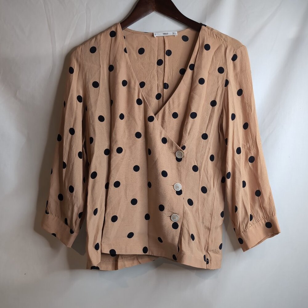 Mango Casual Women's Tan Blouse w/ Black Polkadots, Size 4 (EUR S)